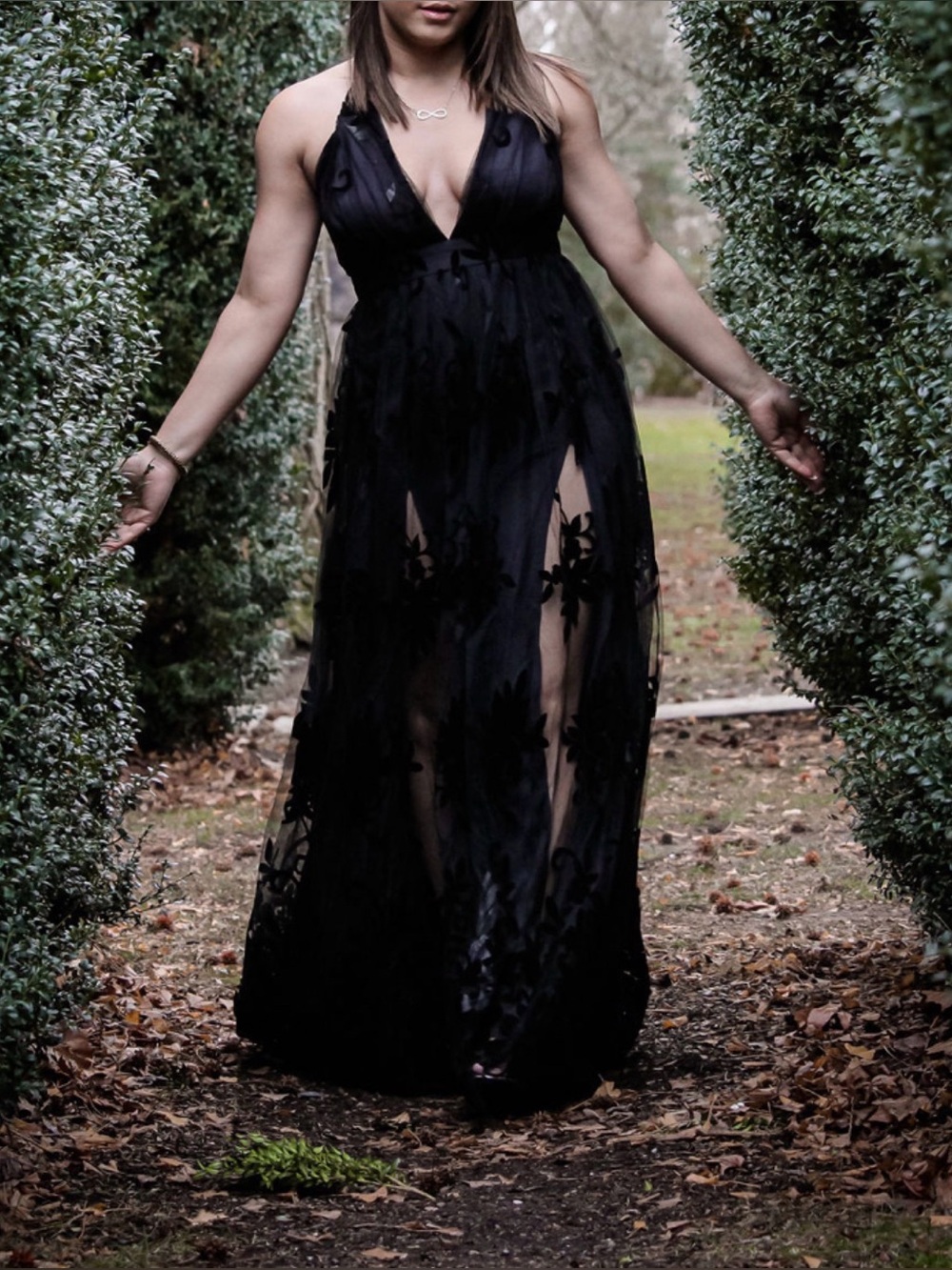 Black Sheer Floral-Appliqué Halter Maxi Dress